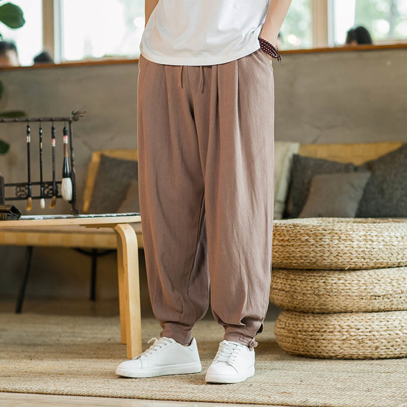 Pantalones de lino y algodón cónicos con bolsillos para hombre de verano de Buddha Stones - Sandy Brown - US/UK/AU48，EU58(5XL)  - image 10