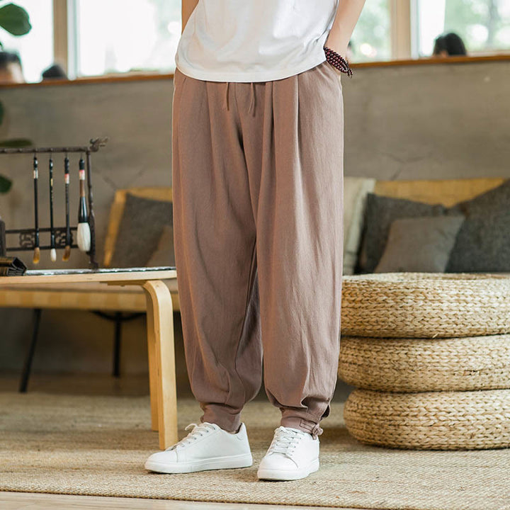 Pantalones de lino y algodón cónicos con bolsillos para hombre de verano de Buddha Stones - Sandy Brown - US/UK/AU48，EU58(5XL)  - image 10