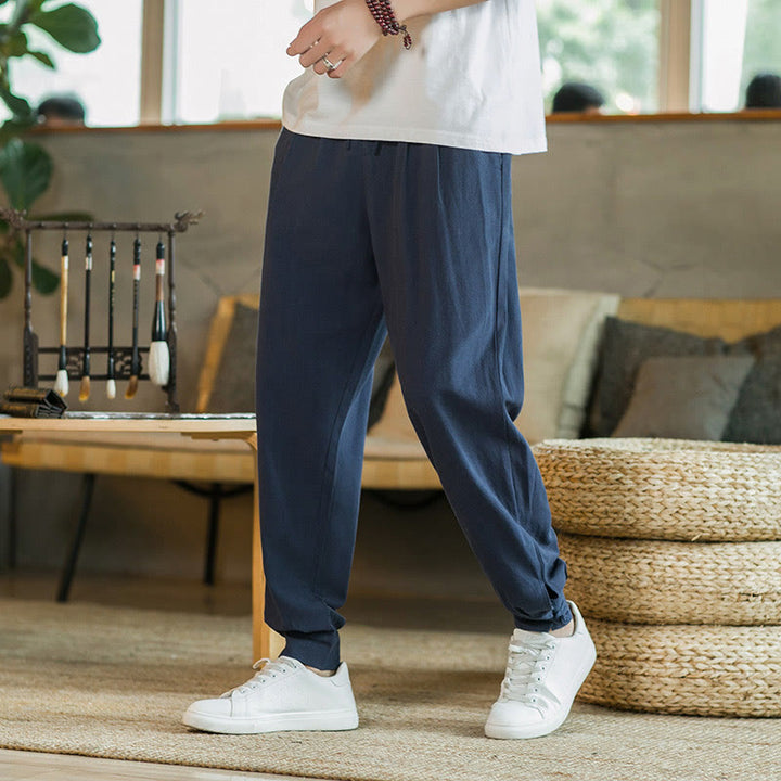 Pantalones de lino y algodón cónicos con bolsillos para hombre de verano de Buddha Stones - Azul acero - US/UK/AU48，EU58(5XL)  - image 28