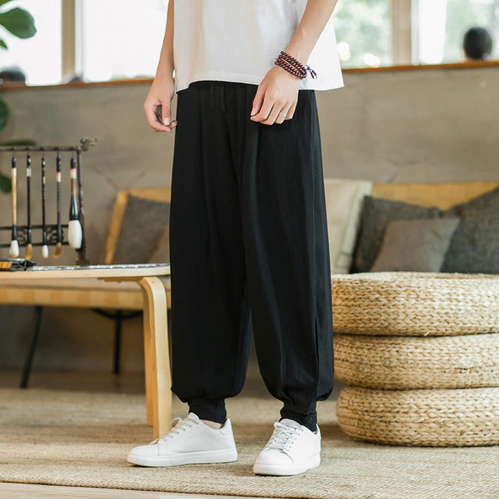 Pantalones de lino y algodón cónicos con bolsillos para hombre de verano de Buddha Stones - Negro - US/UK/AU48，EU58(5XL)  - image 18
