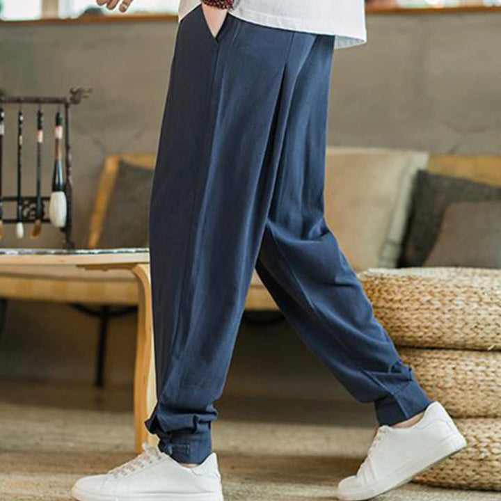 Pantalones de lino y algodón cónicos con bolsillos para hombre de verano de Buddha Stones - image 31