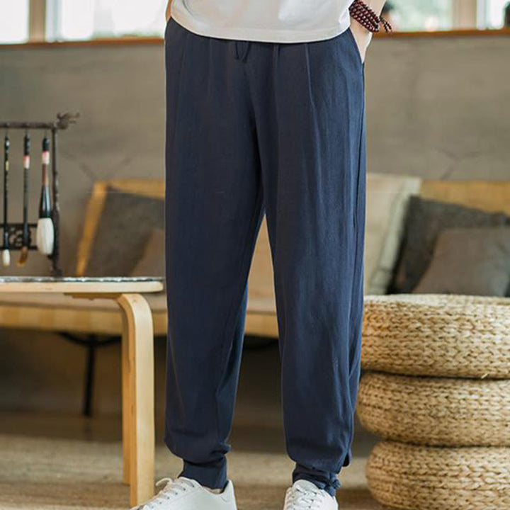 Pantalones de lino y algodón cónicos con bolsillos para hombre de verano de Buddha Stones - image 33