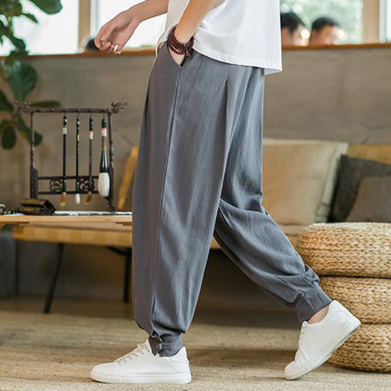 Pantalones de lino y algodón cónicos con bolsillos para hombre de verano de Buddha Stones - image 3