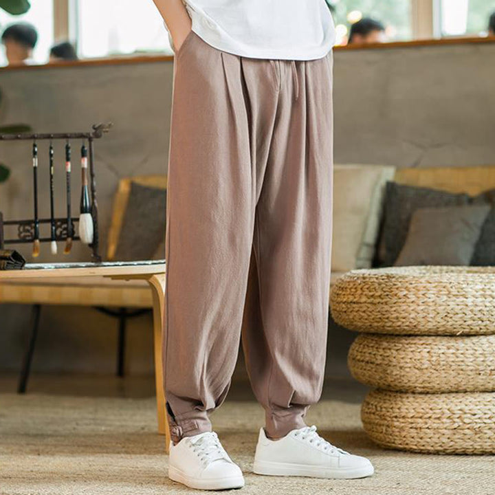 Pantalones de lino y algodón cónicos con bolsillos para hombre de verano de Buddha Stones - image 17