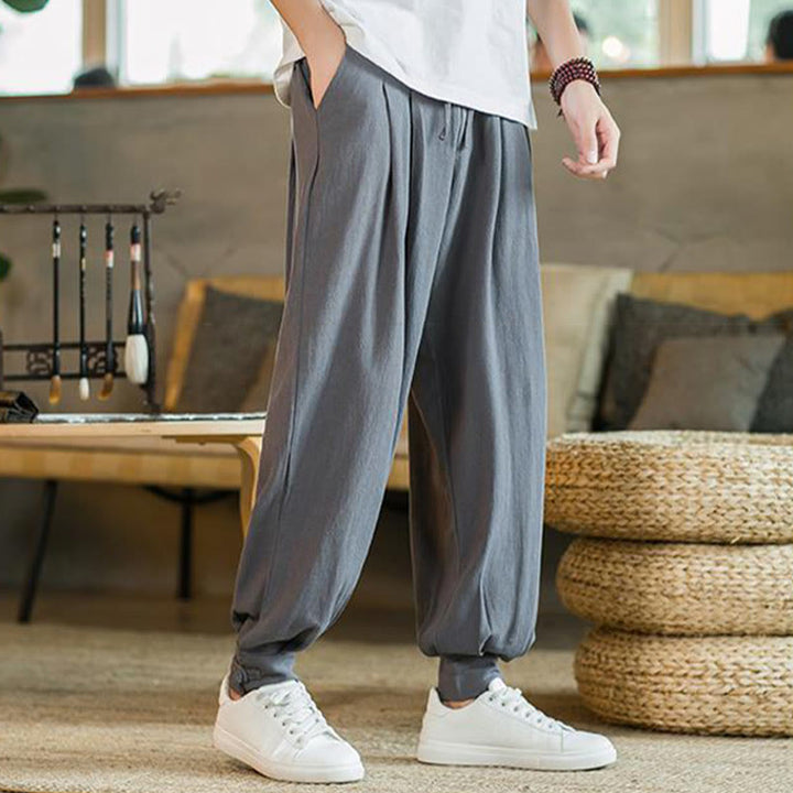 Pantalones de lino y algodón cónicos con bolsillos para hombre de verano de Buddha Stones - image 1