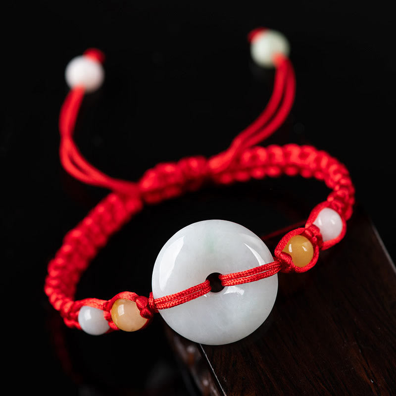 Pulsera de cuerda roja de la suerte con jade y broche de paz de Buddha Stones