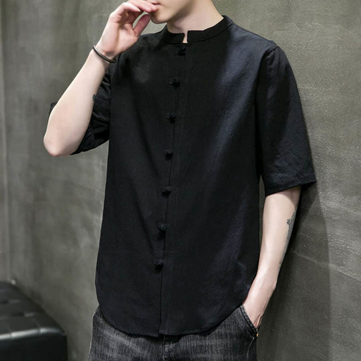 Camisa de algodón de media manga para hombre de color liso de Buddha Stones - image 22