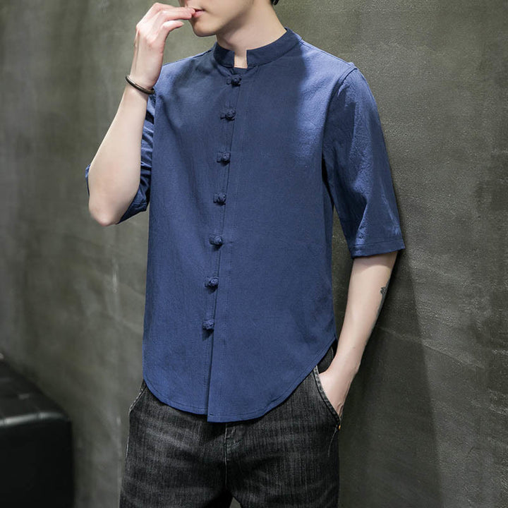 Camisa de algodón de media manga para hombre de color liso de Buddha Stones - image 28