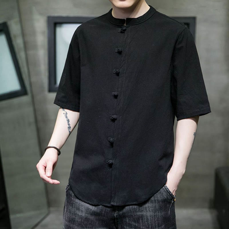 Camisa de algodón de media manga para hombre de color liso de Buddha Stones - image 17