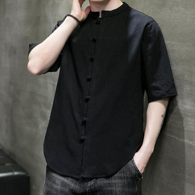 Camisa de algodón de media manga para hombre de color liso de Buddha Stones - image 19