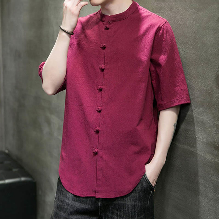 Camisa de algodón de media manga para hombre de color liso de Buddha Stones - image 11