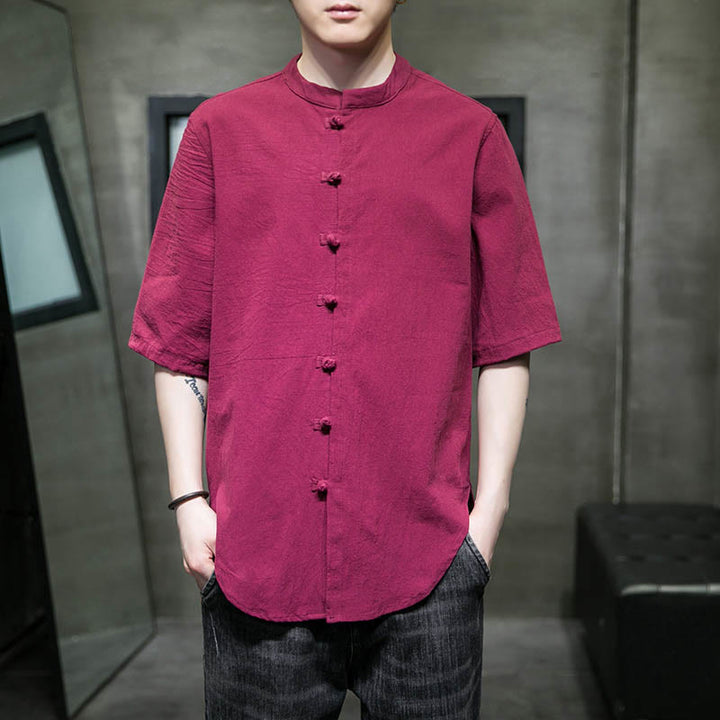 Camisa de algodón de media manga para hombre de color liso de Buddha Stones - Violeta medio rojo - US/UK/AU46, EU56 (5XL)  - image 10