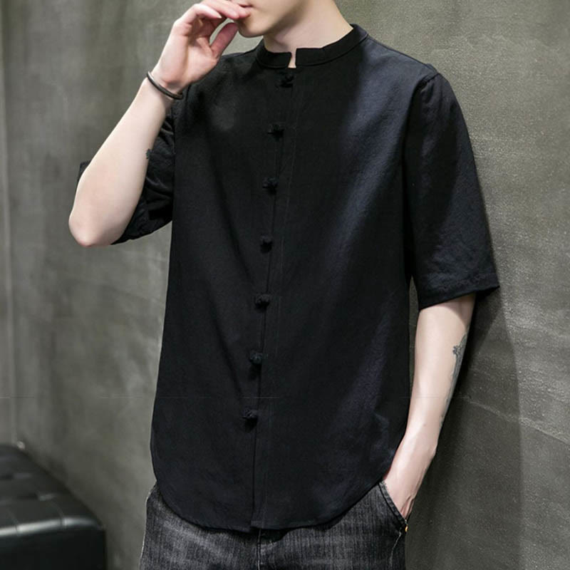 Camisa de algodón de media manga para hombre de color liso de Buddha Stones - image 21