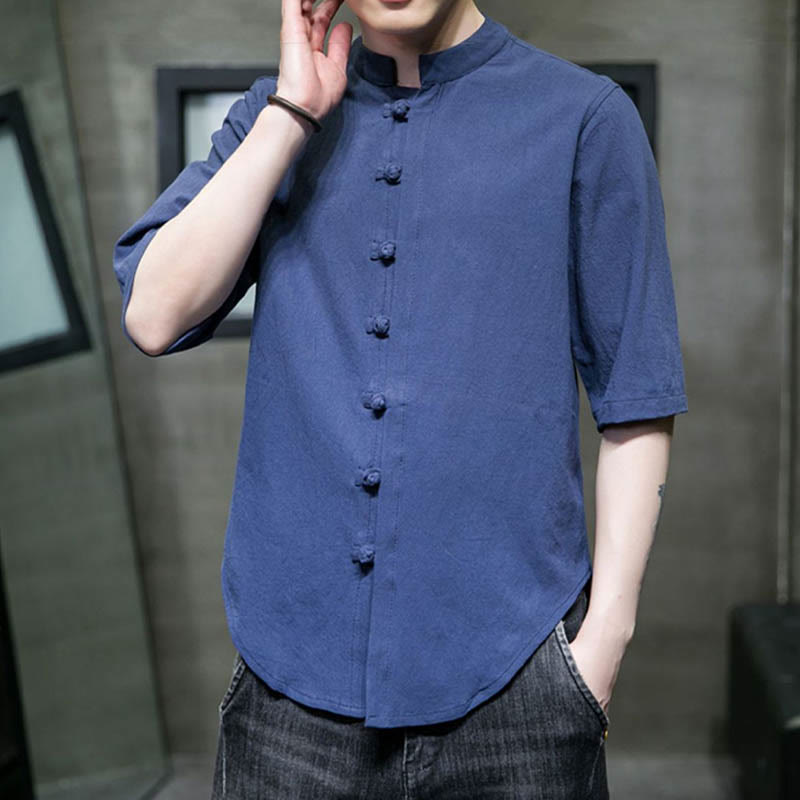 Camisa de algodón de media manga para hombre de color liso de Buddha Stones - image 25