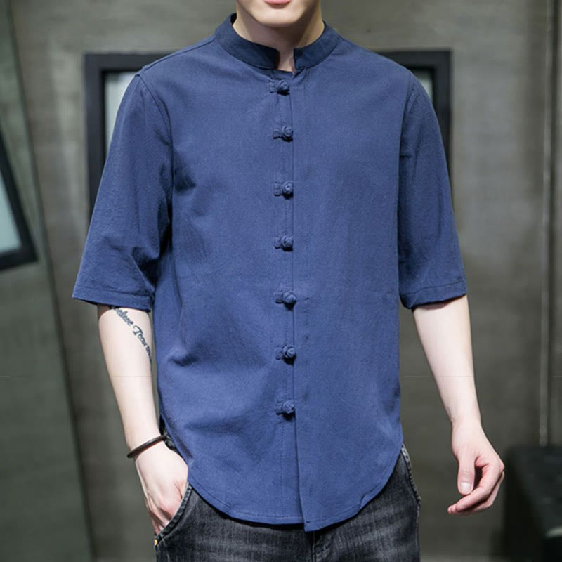 Camisa de algodón de media manga para hombre de color liso de Buddha Stones - image 26