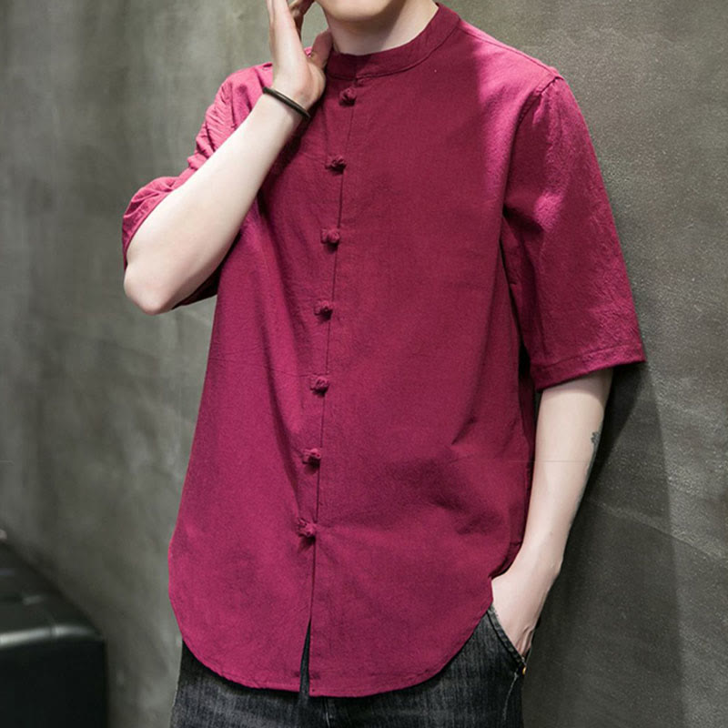 Camisa de algodón de media manga para hombre de color liso de Buddha Stones - image 13