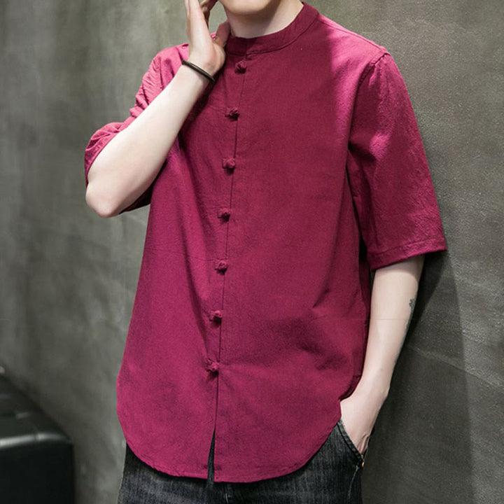 Camisa de algodón de media manga para hombre de color liso de Buddha Stones - image 13