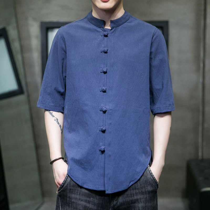 Camisa de algodón de media manga para hombre de color liso de Buddha Stones - Azul acero - US/UK/AU46, EU56 (5XL)  - image 23