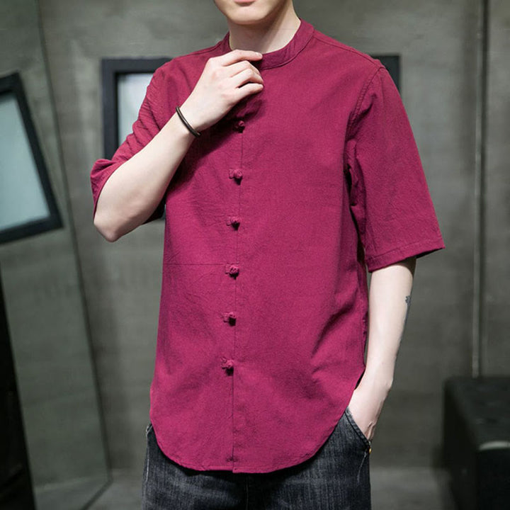 Camisa de algodón de media manga para hombre de color liso de Buddha Stones - image 14