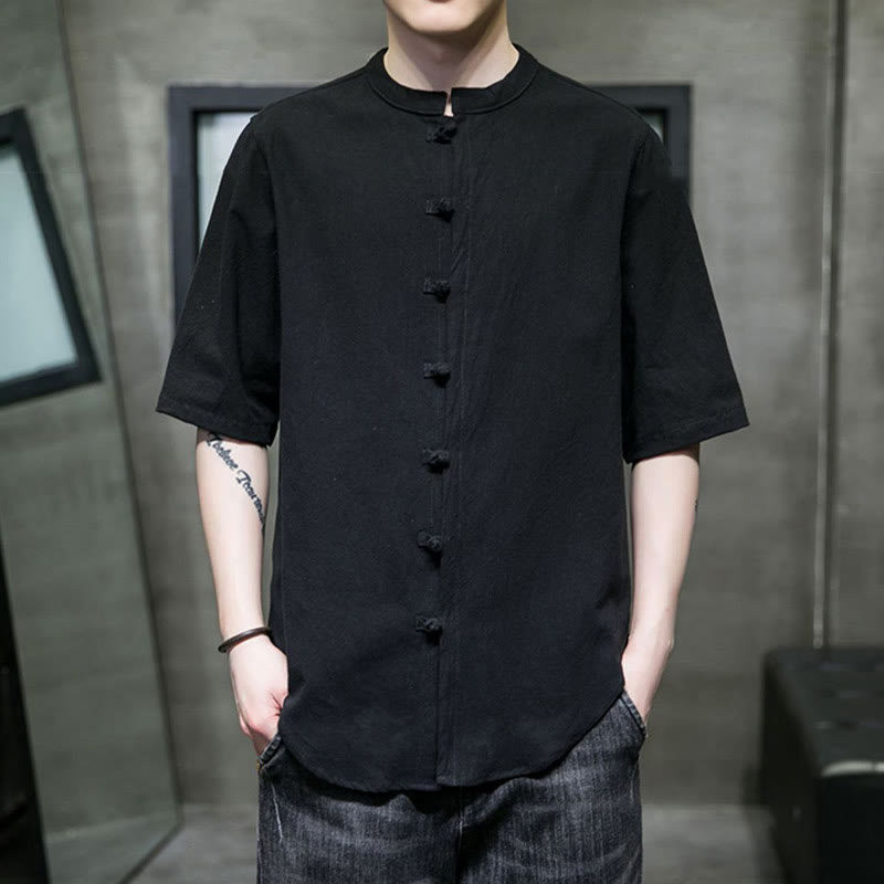 Camisa de algodón de media manga para hombre de color liso de Buddha Stones - Negro - US/UK/AU46, EU56 (5XL)  - image 16