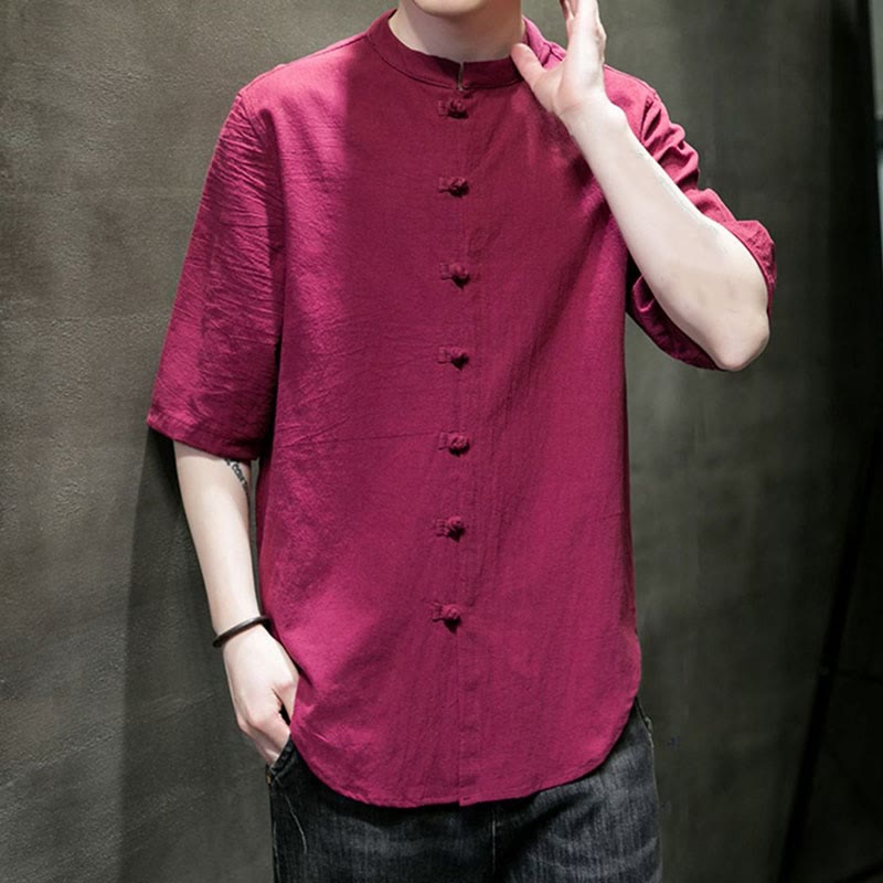 Camisa de algodón de media manga para hombre de color liso de Buddha Stones - image 15