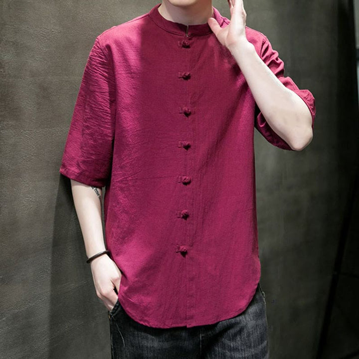 Camisa de algodón de media manga para hombre de color liso de Buddha Stones - image 15