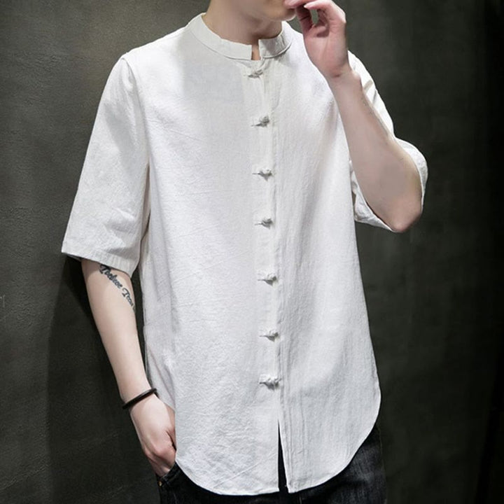 Camisa de algodón de media manga para hombre de color liso de Buddha Stones - image 3