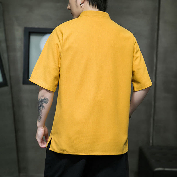 Camisa de hombre de manga corta con botones de rana, hoja de libélula bordada y piedras de Buda - image 8