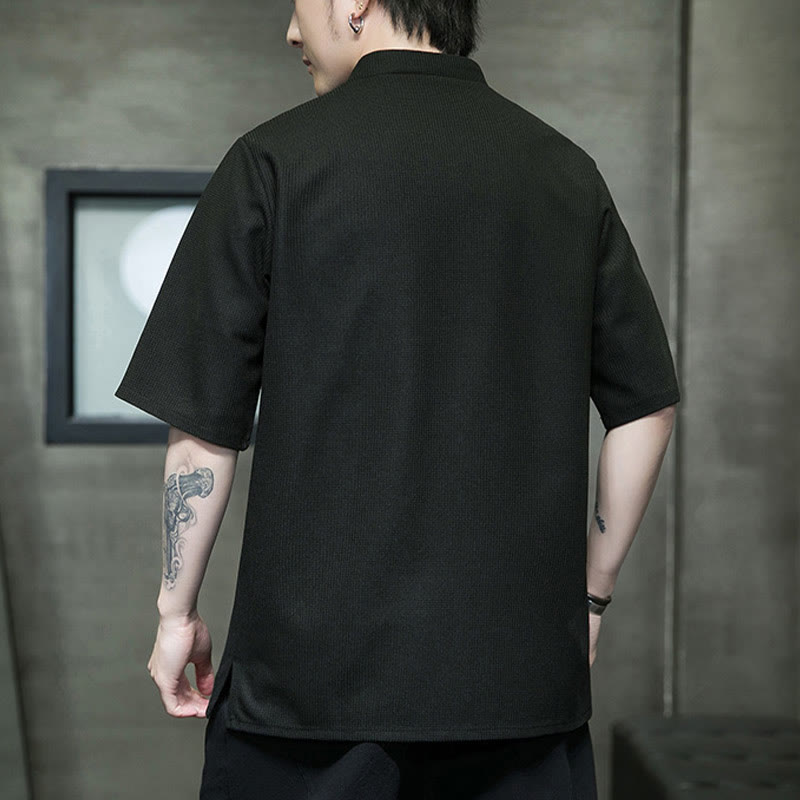 Camisa de hombre de manga corta con botones de rana, hoja de libélula bordada y piedras de Buda - image 17