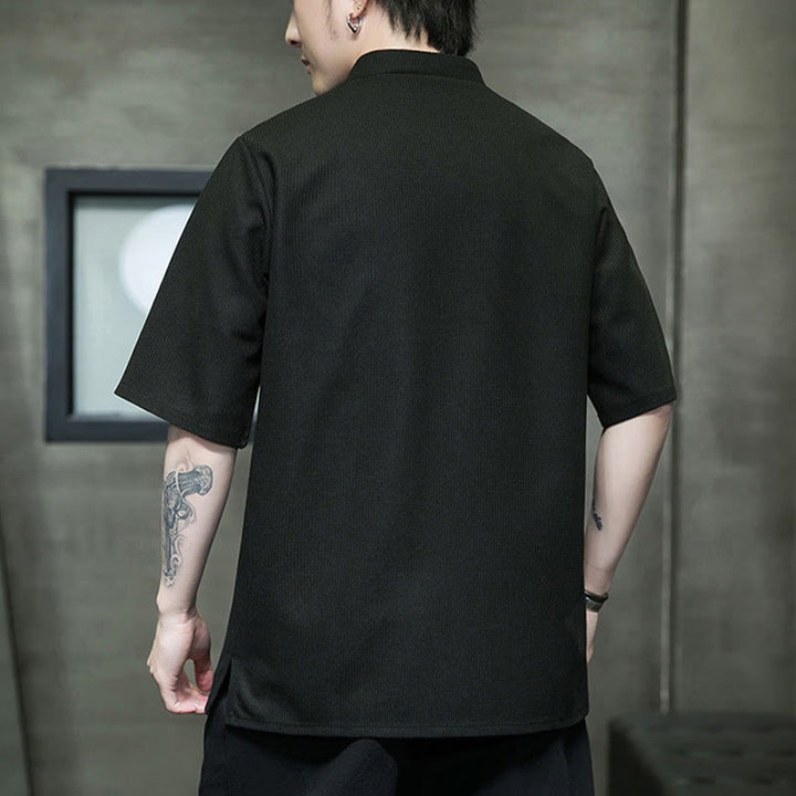 Camisa de hombre de manga corta con botones de rana, hoja de libélula bordada y piedras de Buda - image 17