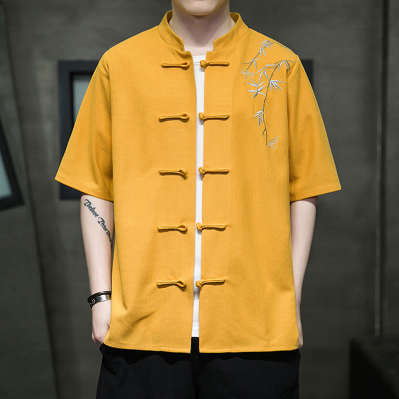 Camisa de hombre de manga corta con botones de rana, hoja de libélula bordada y piedras de Buda - Oro - US/UK/AU46, EU56 (5XL)  - image 7