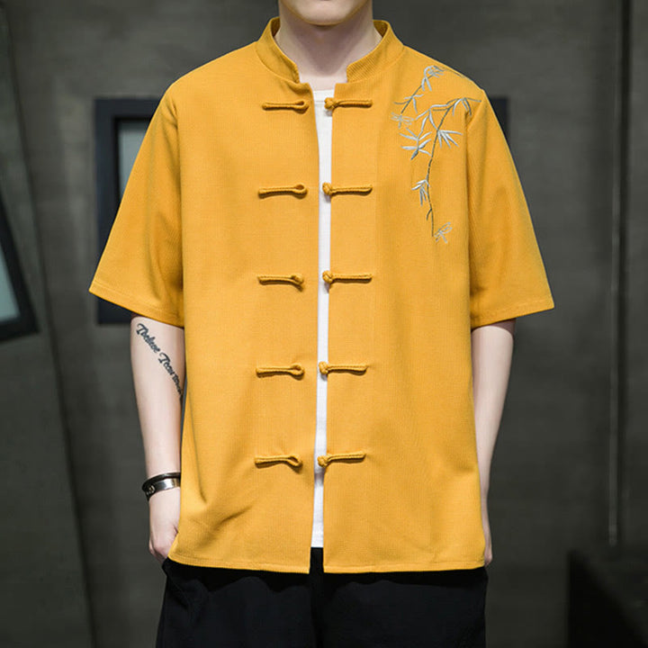 Camisa de hombre de manga corta con botones de rana, hoja de libélula bordada y piedras de Buda - Oro - US/UK/AU46, EU56 (5XL)  - image 7