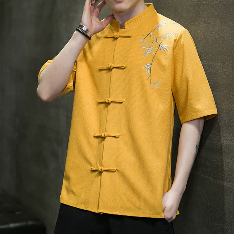 Camisa de hombre de manga corta con botones de rana, hoja de libélula bordada y piedras de Buda - image 13