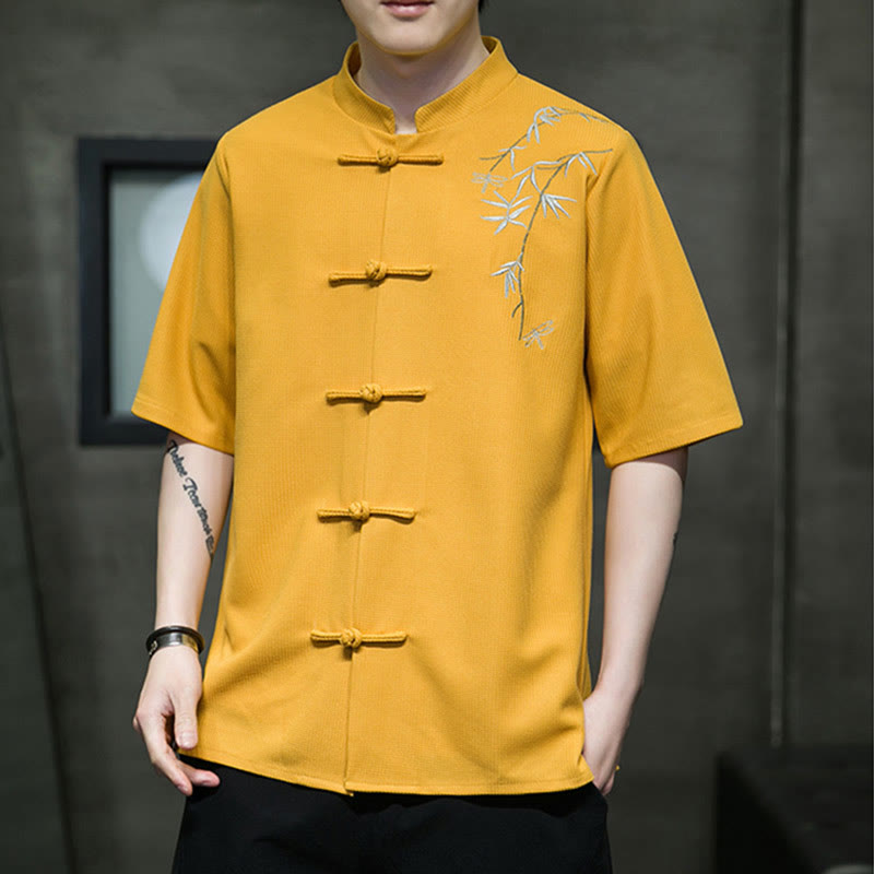 Camisa de hombre de manga corta con botones de rana, hoja de libélula bordada y piedras de Buda - image 8