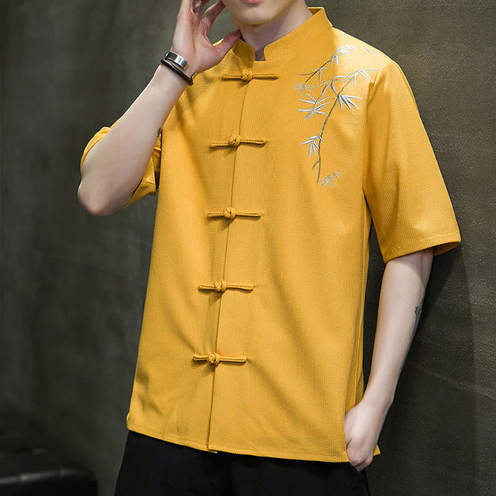 Camisa de hombre de manga corta con botones de rana, hoja de libélula bordada y piedras de Buda - image 13