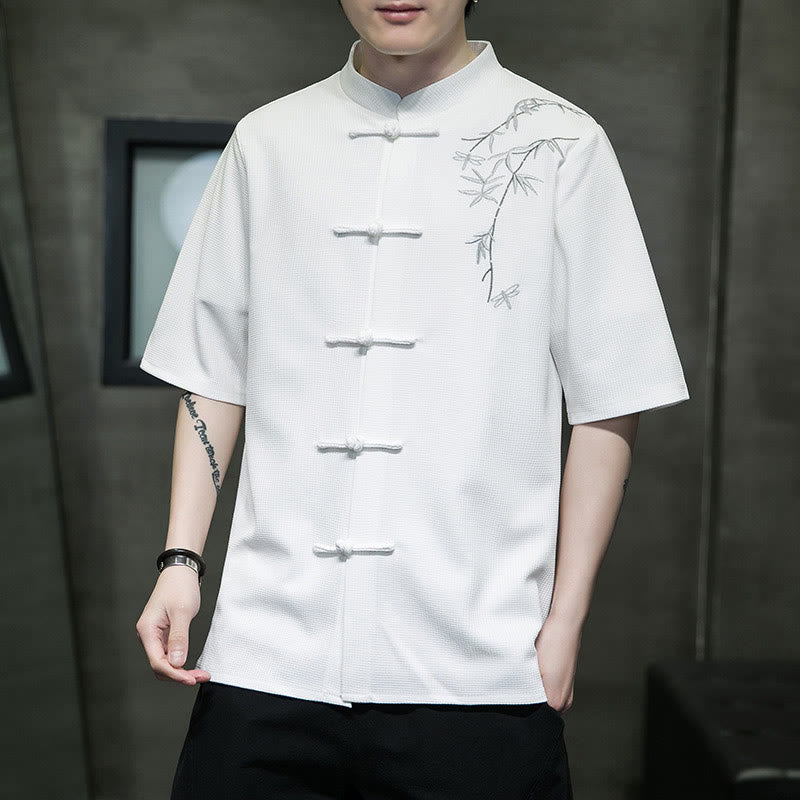 Camisa de hombre de manga corta con botones de rana, hoja de libélula bordada y piedras de Buda - image 6