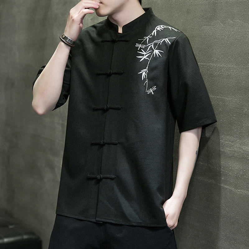 Camisa de hombre de manga corta con botones de rana, hoja de libélula bordada y piedras de Buda - image 19