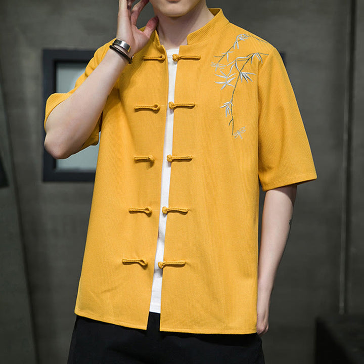 Camisa de hombre de manga corta con botones de rana, hoja de libélula bordada y piedras de Buda - image 13