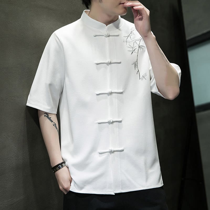 Camisa de hombre de manga corta con botones de rana, hoja de libélula bordada y piedras de Buda - image 4