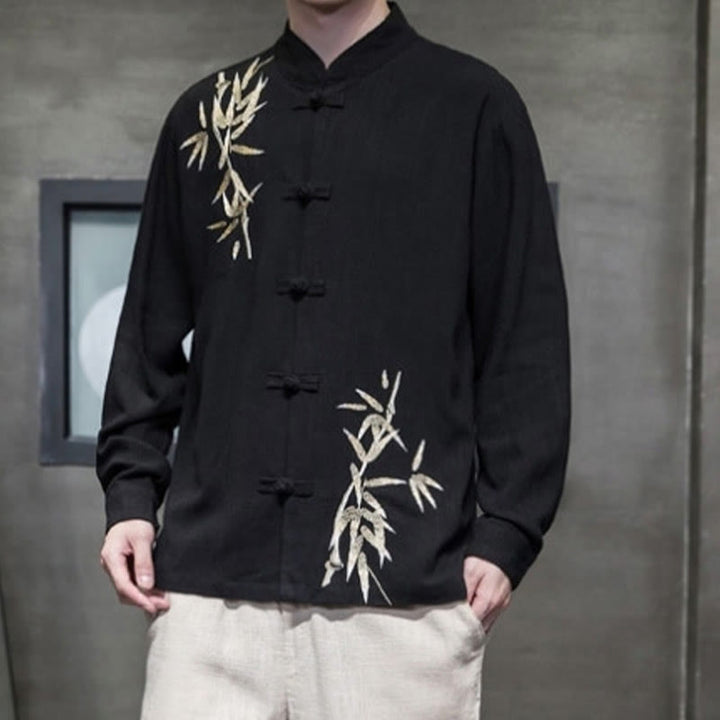 Buddha Stones Camisa de Traje Tang con Botón de Ranas Chino y Hoja de Bambú de Manga Larga de Algodón y Lino para Hombres - image 7