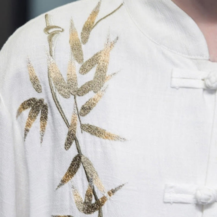 Buddha Stones Camisa de Traje Tang con Botón de Ranas Chino y Hoja de Bambú de Manga Larga de Algodón y Lino para Hombres - image 4