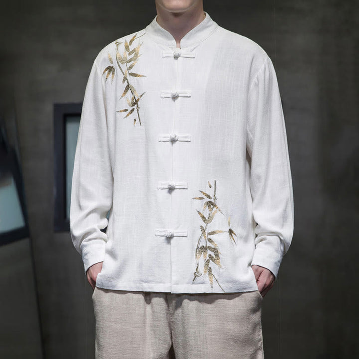 Buddha Stones Camisa de Traje Tang con Botón de Ranas Chino y Hoja de Bambú de Manga Larga de Algodón y Lino para Hombres - Blanco - US/UK/AU46, EU56 (5XL)  - image 0