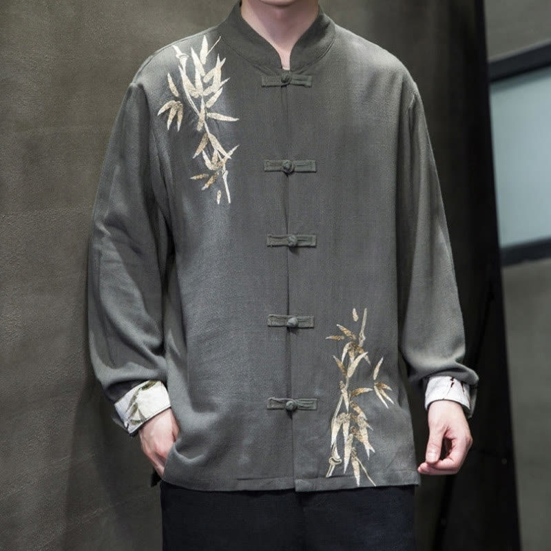 Buddha Stones Camisa de Traje Tang con Botón de Ranas Chino y Hoja de Bambú de Manga Larga de Algodón y Lino para Hombres - image 10