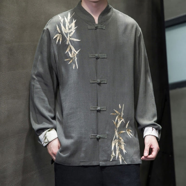 Buddha Stones Camisa de Traje Tang con Botón de Ranas Chino y Hoja de Bambú de Manga Larga de Algodón y Lino para Hombres - image 10