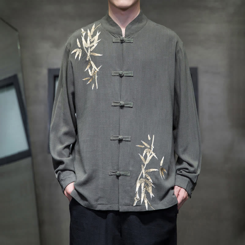 Buddha Stones Camisa de Traje Tang con Botón de Ranas Chino y Hoja de Bambú de Manga Larga de Algodón y Lino para Hombres - Verde mar oscuro - US/UK/AU46, EU56 (5XL)  - image 9