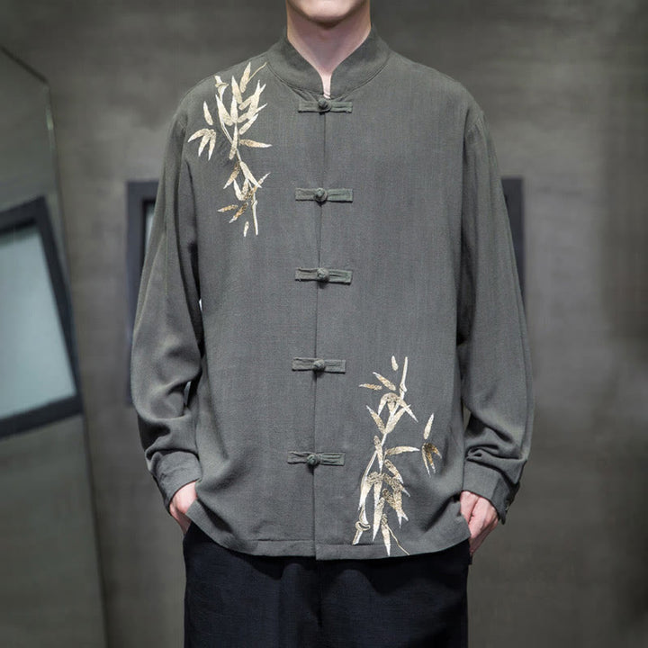 Buddha Stones Camisa de Traje Tang con Botón de Ranas Chino y Hoja de Bambú de Manga Larga de Algodón y Lino para Hombres - Verde mar oscuro - US/UK/AU46, EU56 (5XL)  - image 9