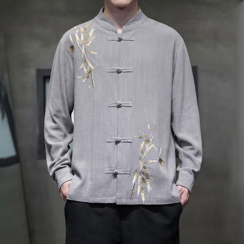 Buddha Stones Camisa de Traje Tang con Botón de Ranas Chino y Hoja de Bambú de Manga Larga de Algodón y Lino para Hombres - Gris claro - US/UK/AU46, EU56 (5XL)  - image 11