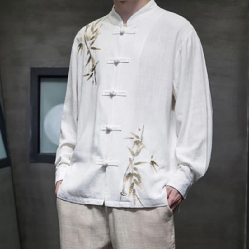 Buddha Stones Camisa de Traje Tang con Botón de Ranas Chino y Hoja de Bambú de Manga Larga de Algodón y Lino para Hombres - image 1