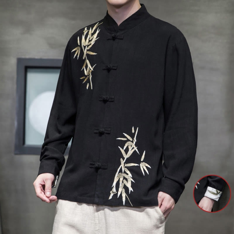 Buddha Stones Camisa de Traje Tang con Botón de Ranas Chino y Hoja de Bambú de Manga Larga de Algodón y Lino para Hombres - image 8