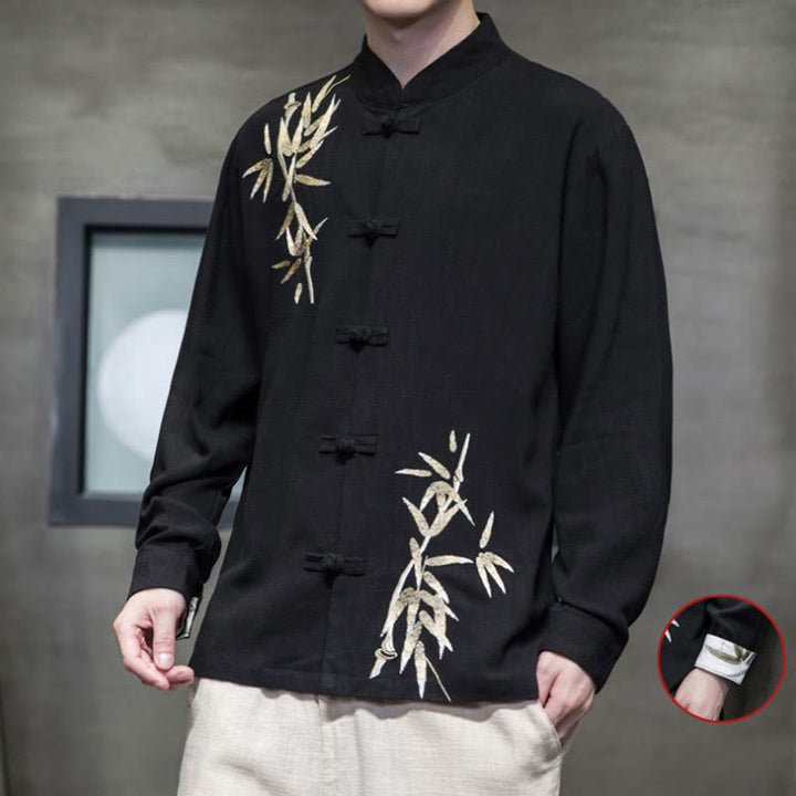 Buddha Stones Camisa de Traje Tang con Botón de Ranas Chino y Hoja de Bambú de Manga Larga de Algodón y Lino para Hombres - image 8